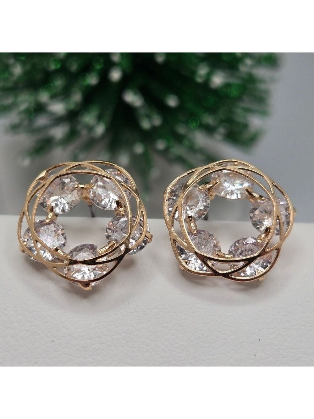 Circular Bridal Stud Earrings Diamond Look Forever Love Design Gold Tone